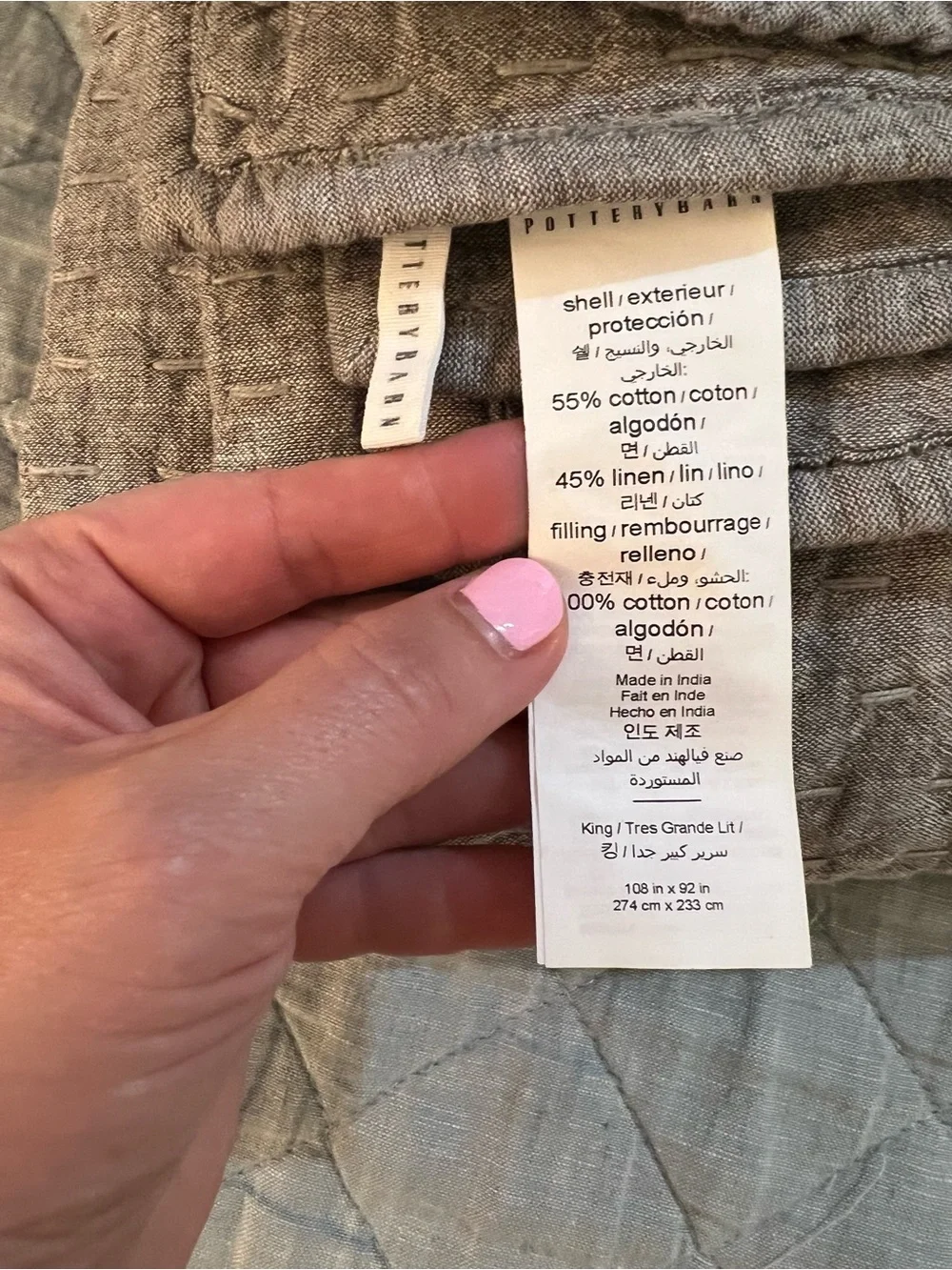 Pottery Barn Gray Pick Stitch King Cotten Linen Quilt